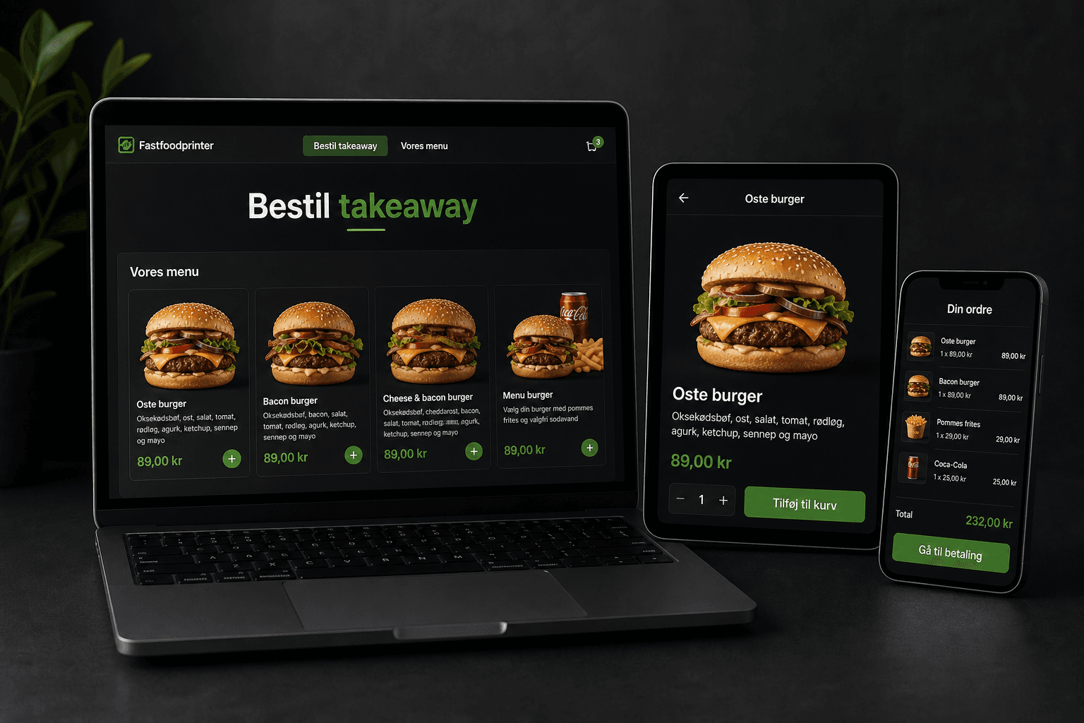 Takeaway-webshop vist på laptop, mobil og tablet