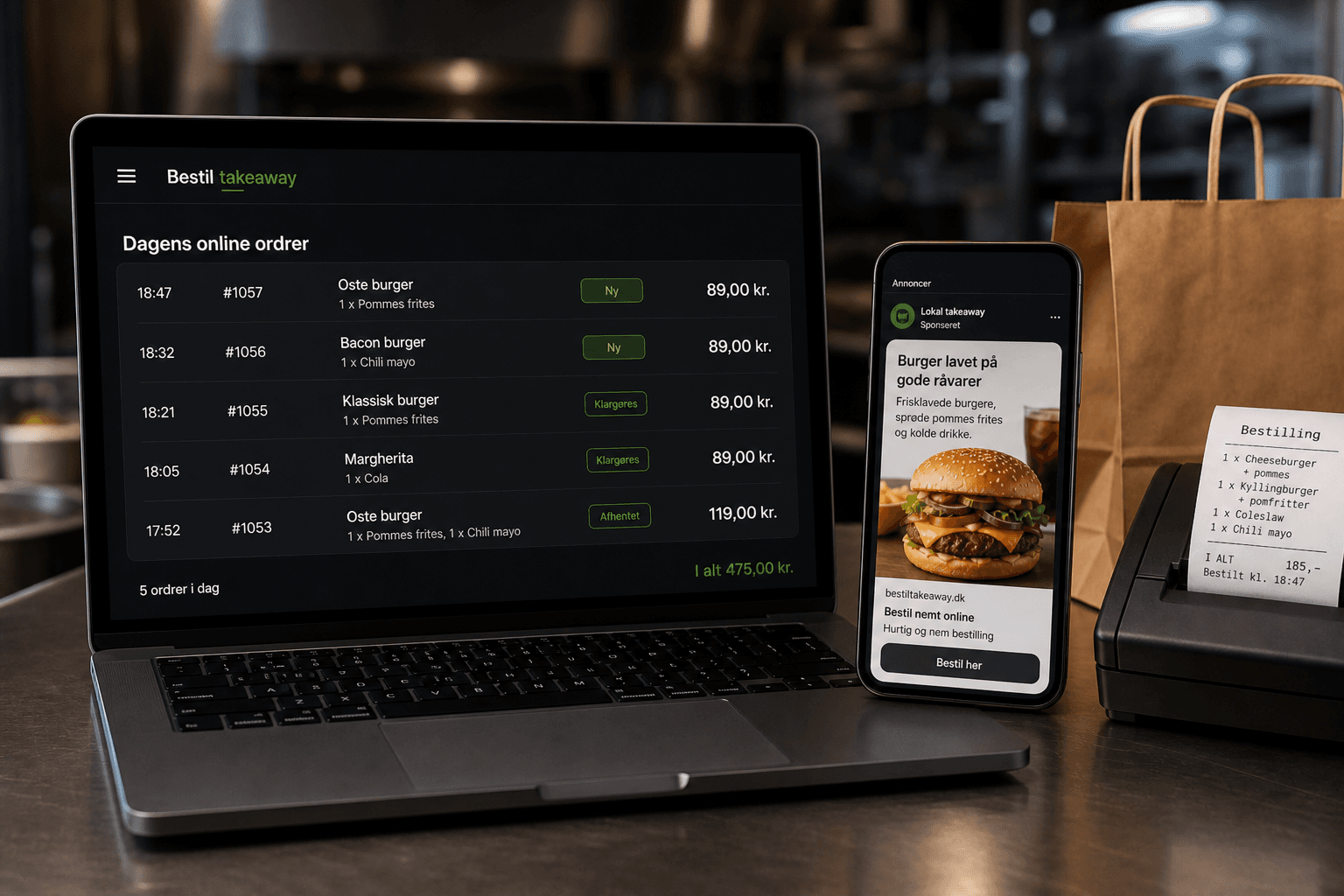 Ordrer på computer og lokal annonce på mobil, klar til Google og Meta